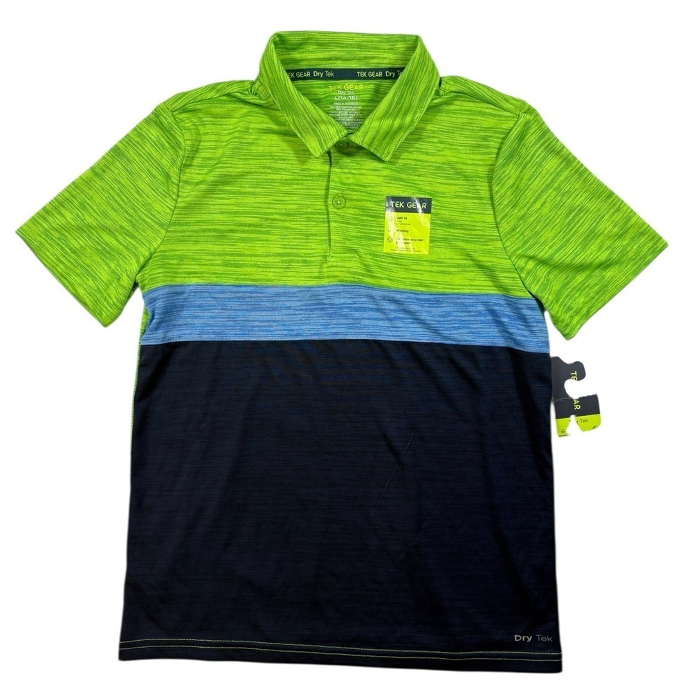 NWT Tek Gear Lime Green Blue Navy Dry Tek Short Sleeve Polo Shirt | Size L 14-16